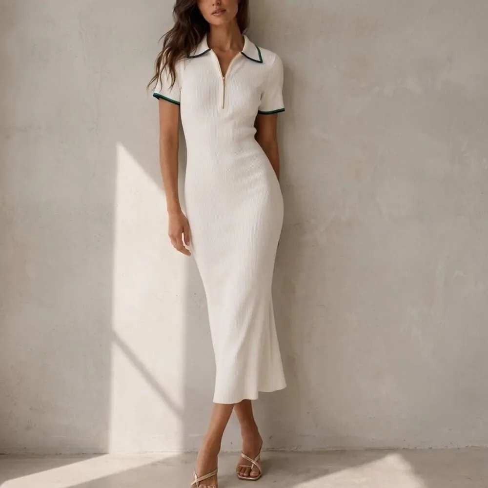 Caroline Constas White Ribbed Knit Maxi Dress Navy Blanket Stitch Size L